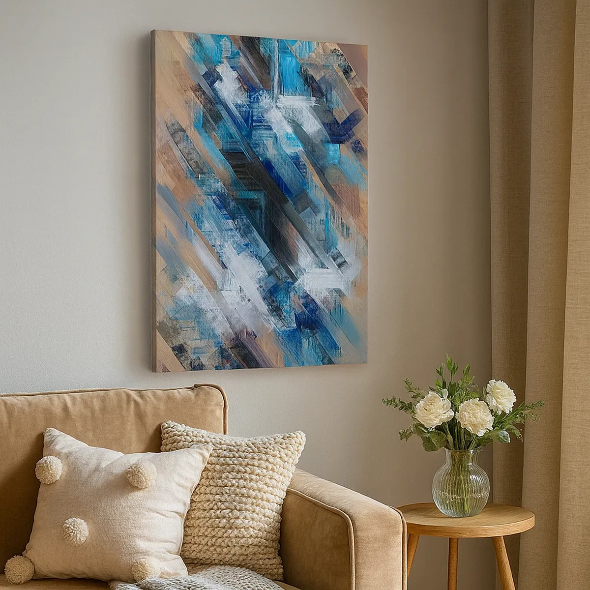 Bild auf Leinwand - Leinwandbild - Abstrakte Komposition mit blauen diagonalen Linien - 50x70cm - Auf einer blauen Diagonale - Moderne Wanddekoration für Wohnzimmer und Schlafzimmer ARTTOR