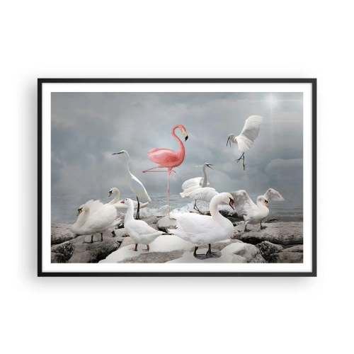 Poster in einem schwarzem Rahmen - Ein rosa Flamingo zwischen weißen Schwänen vor der Kulisse eines Sees - 100x70cm - Wie kam ich hier hin? - Moderne Wanddekoration für Wohnzimmer und Schlafzimmer ARTTOR