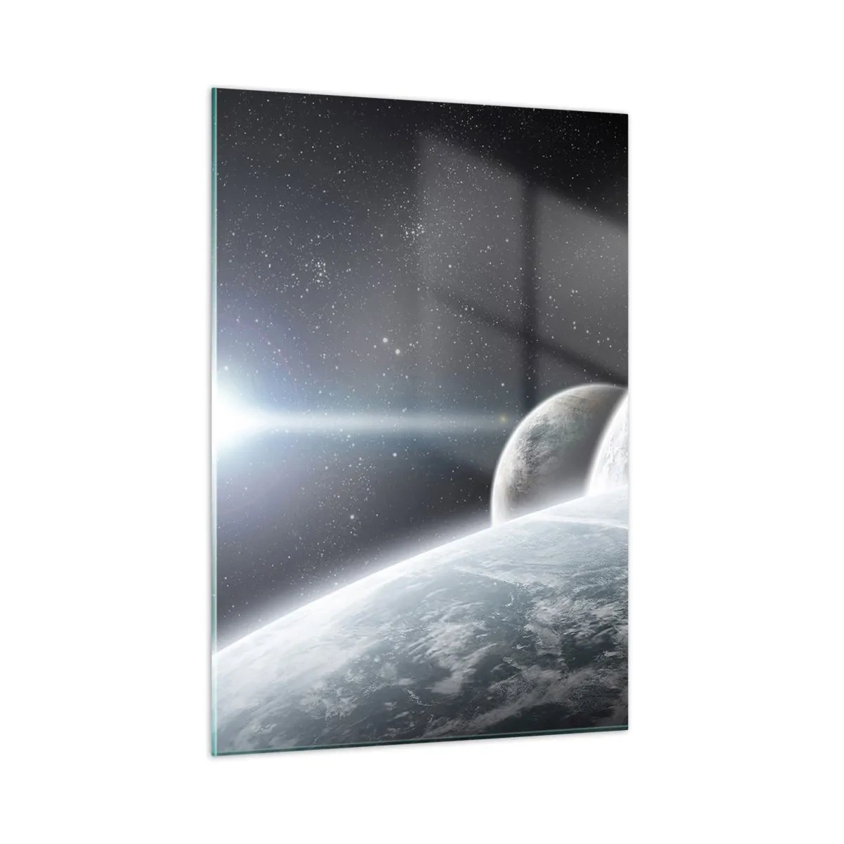 Glasbild - Bild auf glas - Planeten im Weltraum mit einem Lichtstrahl - 50x70cm - Kosmische Musik der Sphären - Moderne Wanddekoration für Wohnzimmer und Schlafzimmer ARTTOR