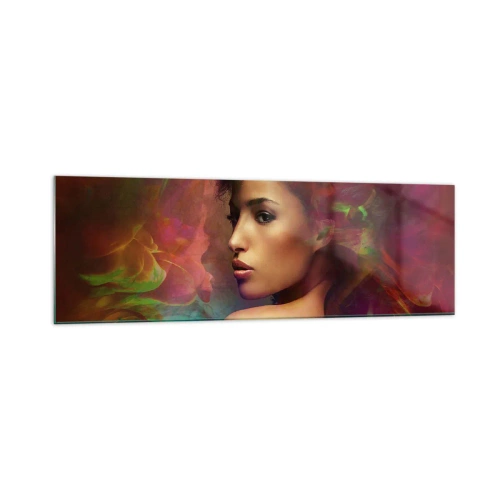 Glasbild - Bild auf glas - Eine Frau mit bunten Reflexionen, die einen abstrakten Hintergrund erzeugen - 160x50cm - Schöner als ein Regenbogen, so zart wie ein Nebel - Moderne Wanddekoration für Wohnzimmer und Schlafzimmer ARTTOR