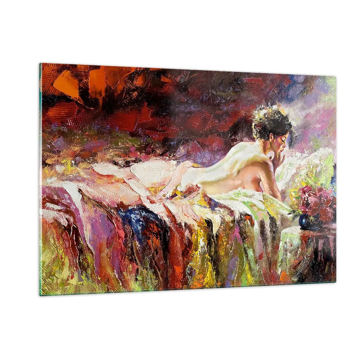 Glasbild - Bild auf glas - Impressionistischer weiblicher Akt auf buntem Stoff - 120x80cm - Venus in Gedanken - Moderne Wanddekoration für Wohnzimmer und Schlafzimmer ARTTOR