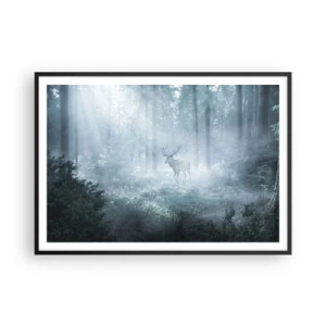 Poster in einem schwarzem Rahmen - Ein Hirsch in einem dichten Wald, eingehüllt in Morgennebel - 100x70cm - Morgenvisite auf dem Grundstück - Moderne Wanddekoration für Wohnzimmer und Schlafzimmer ARTTOR
