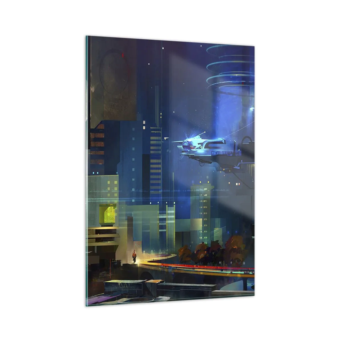 Glasbild - Bild auf glas - Futuristische Stadt bei Nacht mit Neonlichtern und einem fliegenden Fahrzeug - 50x70cm - In naher Zukunft - Moderne Wanddekoration für Wohnzimmer und Schlafzimmer ARTTOR