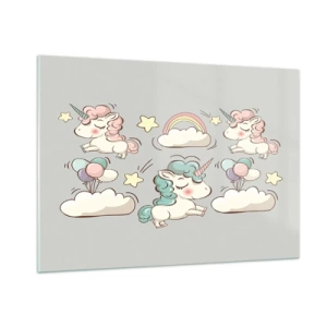 Glasbild - Bild auf glas - Niedliche Einhörner in den Wolken mit einem Regenbogen und Luftballons - 100x70cm - Sicherlich gibt es... - Moderne Wanddekoration für Wohnzimmer und Schlafzimmer ARTTOR