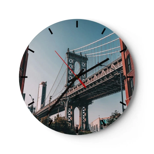 Wanduhr - Glasuhr - Eine Hängebrücke über die Stadtentwicklung an einem sonnigen Tag - 30x30cm - Über den Wellen der Stadt - Moderne Wanddekoration für Wohnzimmer, Küche und Schlafzimmer ARTTOR