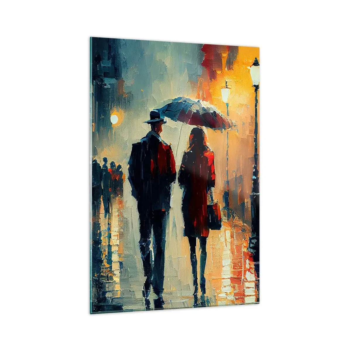 Glasbild - Bild auf glas - Nachts im Regen unter einem Regenschirm in der Stadt spazieren gehen - 70x100cm - Urbane Liebesgeschichte - Moderne Wanddekoration für Wohnzimmer und Schlafzimmer ARTTOR