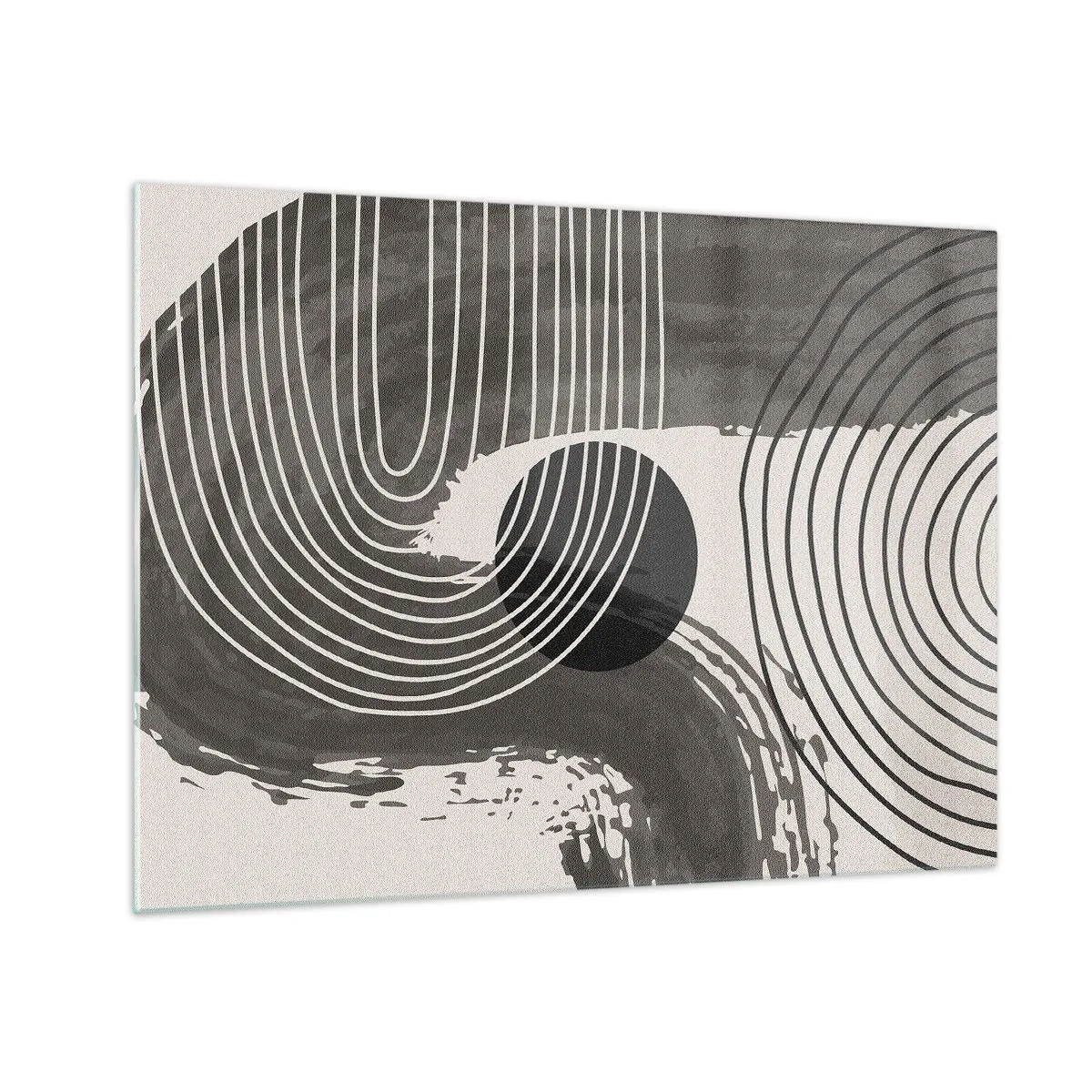 Glasbild - Bild auf glas - Moderne Abstraktion mit schwarzen und weißen Linien und einem Oval - 70x50cm - Oval gewinnt - Moderne Wanddekoration für Wohnzimmer und Schlafzimmer ARTTOR