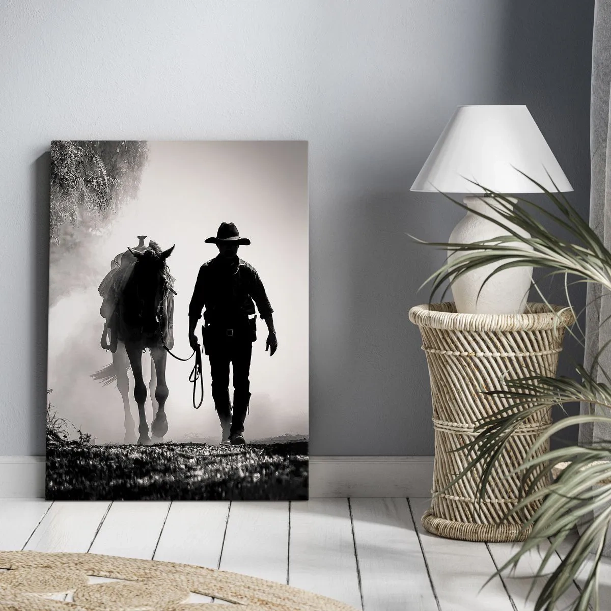 Bild auf Leinwand - Leinwandbild - Cowboy mit Pferd im Morgennebel - 50x70cm - Texas-Morgen - Moderne Wanddekoration für Wohnzimmer und Schlafzimmer ARTTOR