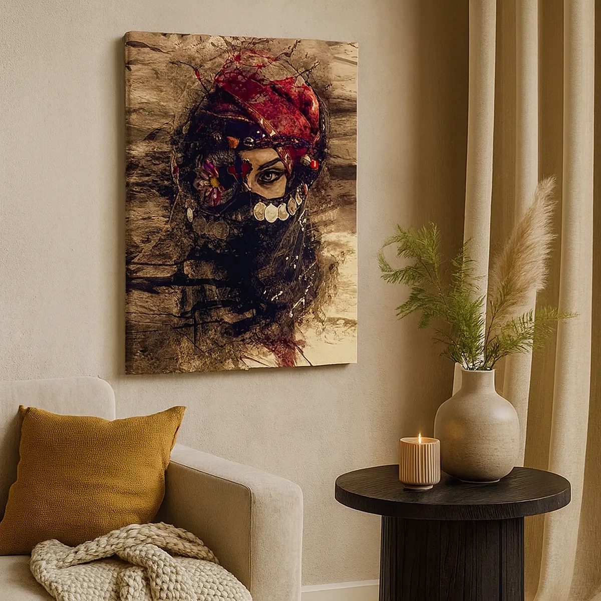 Bild auf Leinwand - Leinwandbild - Künstlerisches Porträt einer Frau in orientalischer Kleidung vor abstraktem Hintergrund. - 50x70cm - Gelinde gesagt besorgniserregend - Moderne Wanddekoration für Wohnzimmer und Schlafzimmer ARTTOR