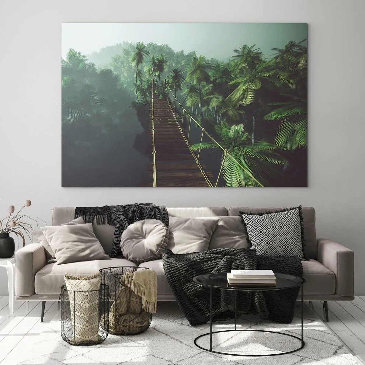 Glasbild - Bild auf glas - Eine Hängebrücke im Dschungel, umgeben von Palmen - 70x50cm - Über der Brandung des Grüns - Moderne Wanddekoration für Wohnzimmer und Schlafzimmer ARTTOR