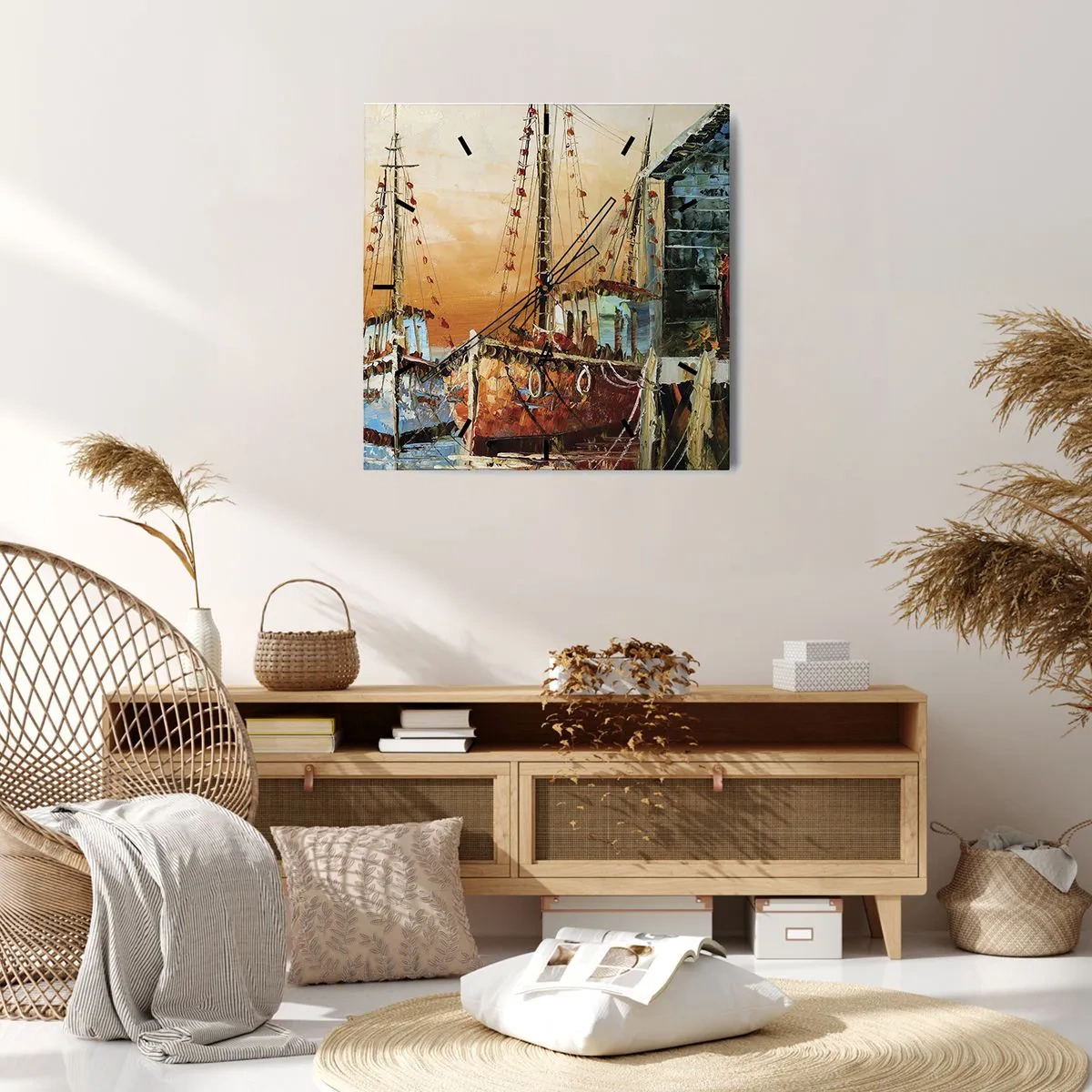Wanduhr - Glasuhr - Boote am Ufer im warmen Licht des Sonnenuntergangs - 30x30cm - Friedliche Rückkehr - Moderne Wanddekoration für Wohnzimmer und Schlafzimmer ARTTOR