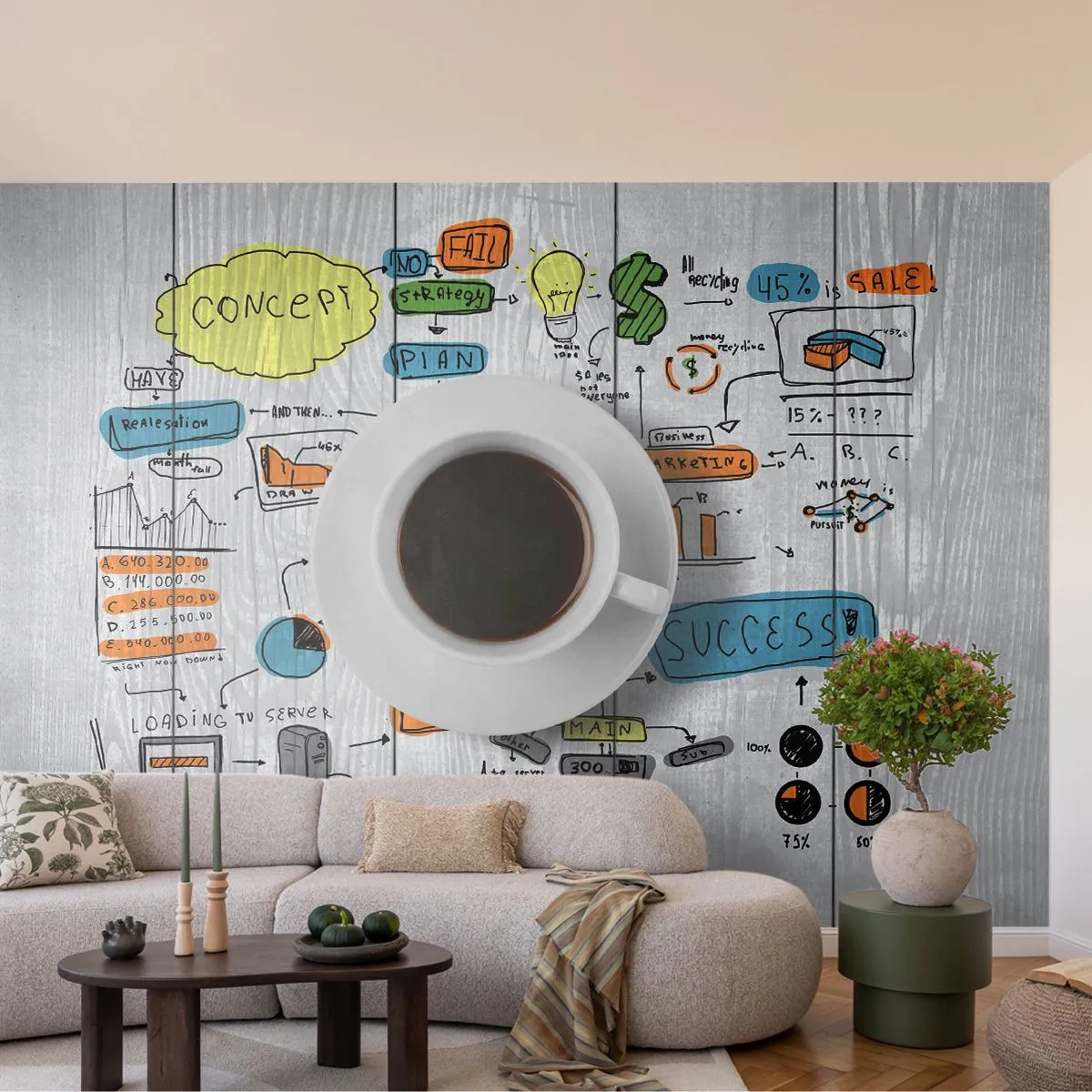 Fototapete Premium Sand - Eine Tasse Kaffee mit Geschäftsskizzen auf Holz im Hintergrund - 100x70cm - Zeit für eine Pause - Moderne Wanddekoration für Wohnzimmer und Schlafzimmer ARTTOR