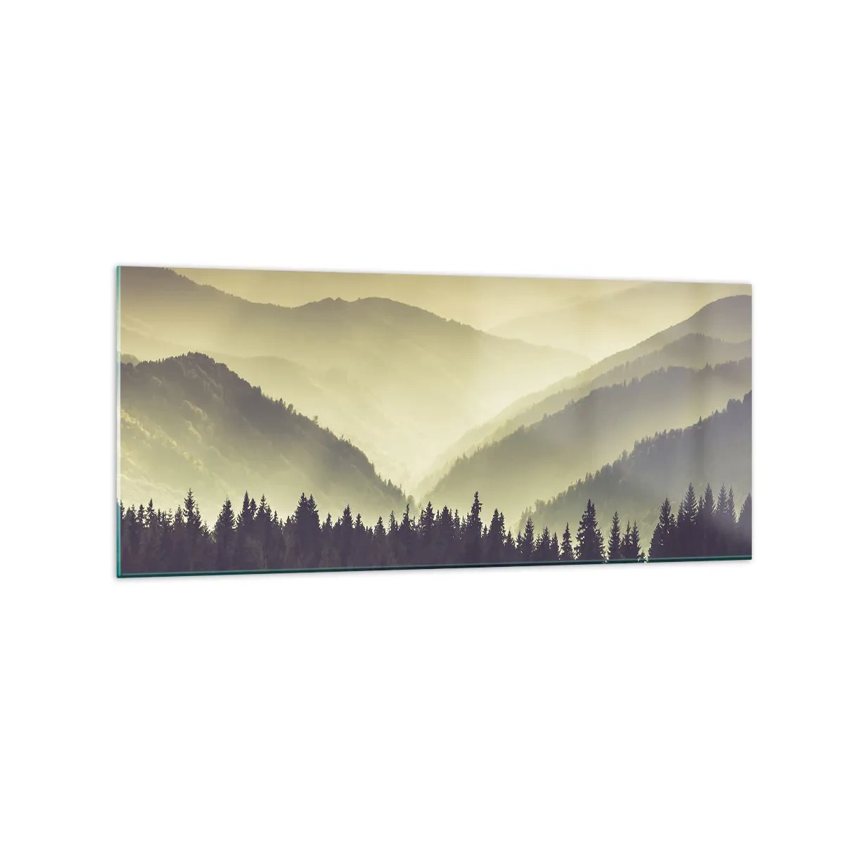 Glasbild - Bild auf glas - Malerische Bergketten im Nebel in warmem Licht - 120x50cm - Hinter den sieben Bergen ... - Moderne Wanddekoration für Wohnzimmer und Schlafzimmer ARTTOR