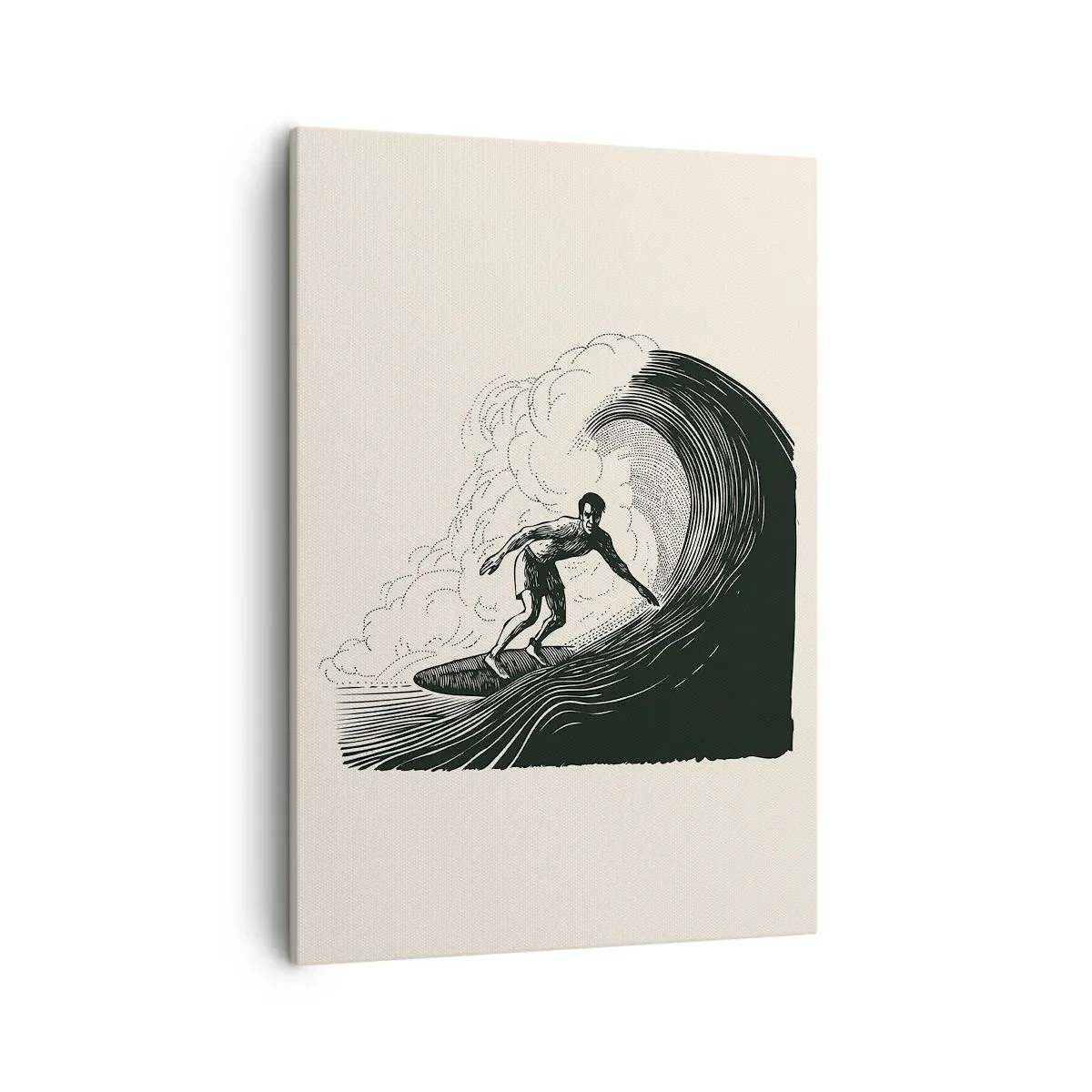 Bild auf Leinwand - Leinwandbild - Schwarz-Weiß-Grafik eines Surfers, der auf einer Welle reitet - 50x70cm - König der Welle - Moderne Wanddekoration für Wohnzimmer und Schlafzimmer ARTTOR