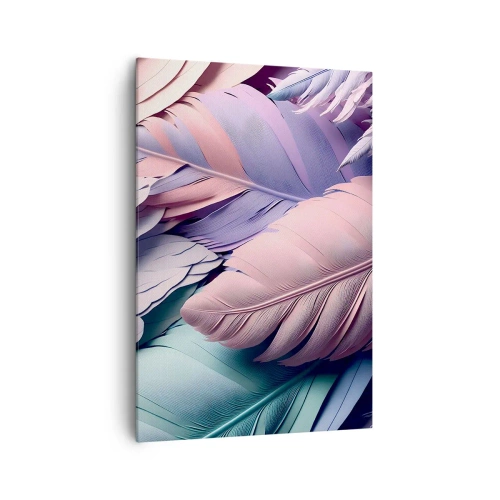 Bild auf Leinwand - Leinwandbild - Bunte Federn in Pastelltönen auf hellem Hintergrund - 70x100cm - Vogel-Chic - Moderne Wanddekoration für Wohnzimmer und Schlafzimmer ARTTOR