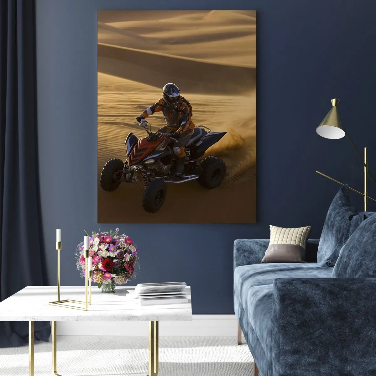 Glasbild - Bild auf glas - ATV im Einsatz in der Wüste bei Sonnenuntergang - 50x70cm - Auf den Sandwellen - Moderne Wanddekoration für Wohnzimmer und Schlafzimmer ARTTOR