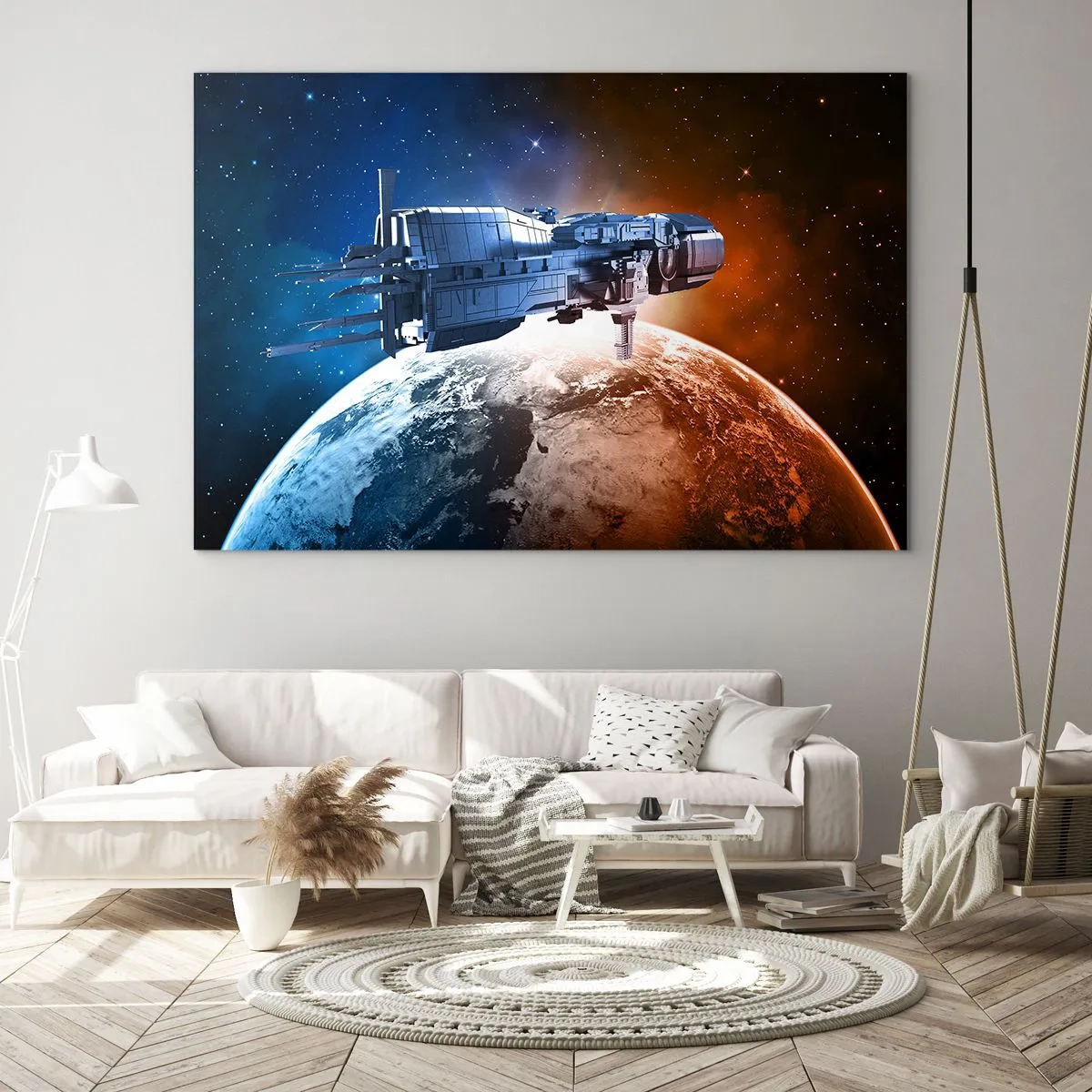 Glasbild - Bild auf glas - Ein Raumschiff, das im Sternenlicht einen Planeten umkreist - 120x80cm - Ein aufmerksamer Beobachter - Moderne Wanddekoration für Wohnzimmer und Schlafzimmer ARTTOR