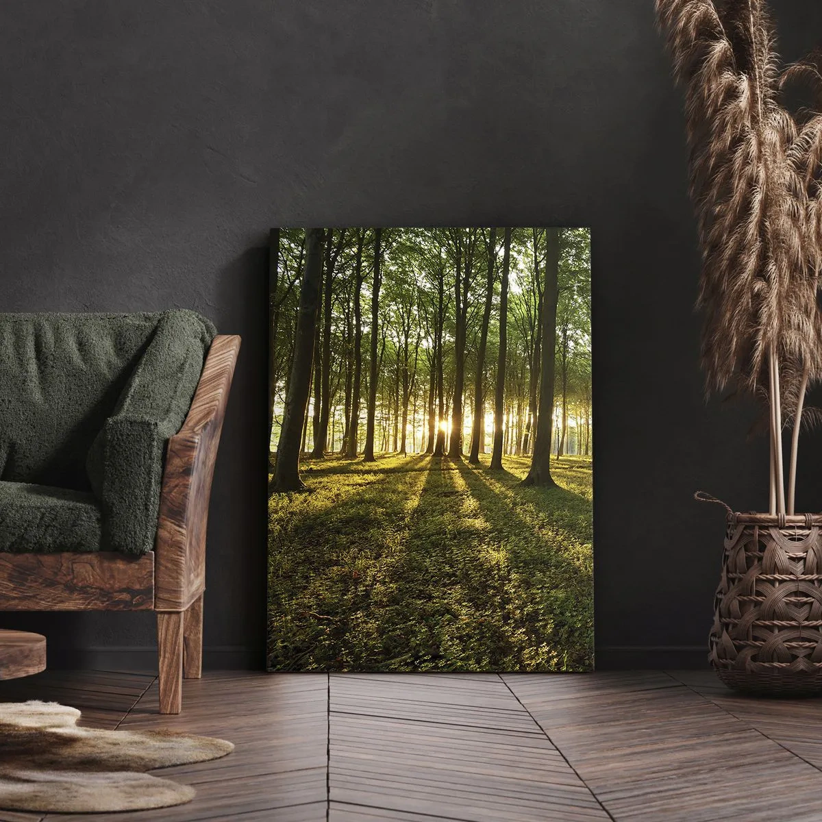 Bild auf Leinwand - Leinwandbild - Die untergehende Sonne im Laubwald - 70x100cm - Alle Frühlingsfotografie - Moderne Wanddekoration für Wohnzimmer und Schlafzimmer ARTTOR