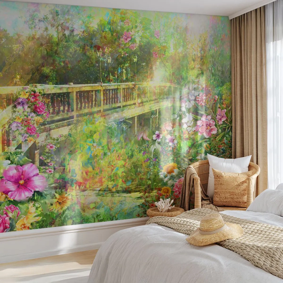Selbstklebende Fototapete Deluxe Sticker - Eine Brücke aus Frühlingsseufzern - Landschaft, Blumen, Garten - 150x105 cm