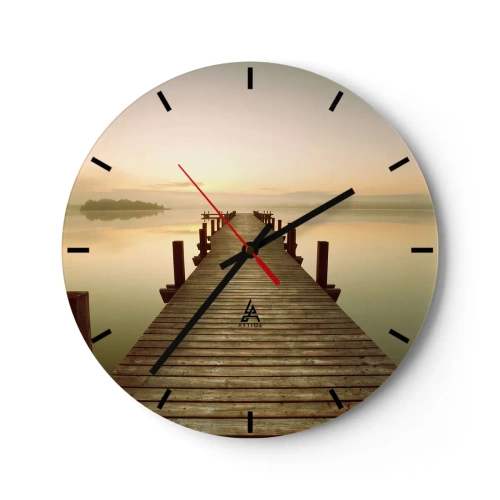 Wanduhr - Glasuhr - Ein Holzsteg bei Sonnenaufgang über einem ruhigen See - 30x30cm - Tagesanbruch, Morgendämmerung, Licht - Moderne Wanddekoration für Wohnzimmer, Küche und Schlafzimmer ARTTOR