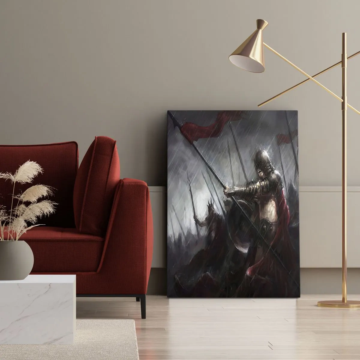 Bild auf Leinwand - Leinwandbild - Ritter marschieren im Regen zum Schlachtfeld - 50x70cm - Passant, sag Sparta ... - Moderne Wanddekoration für Wohnzimmer und Schlafzimmer ARTTOR