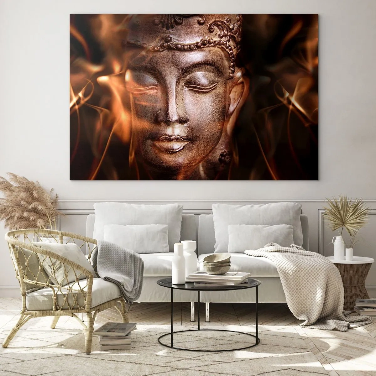 Glasbild - Bild auf glas - Das verschwommene Gesicht des Buddha in warmen Gold- und Brauntönen - 70x50cm - Es existiert nur hier und jetzt - Moderne Wanddekoration für Wohnzimmer und Schlafzimmer ARTTOR