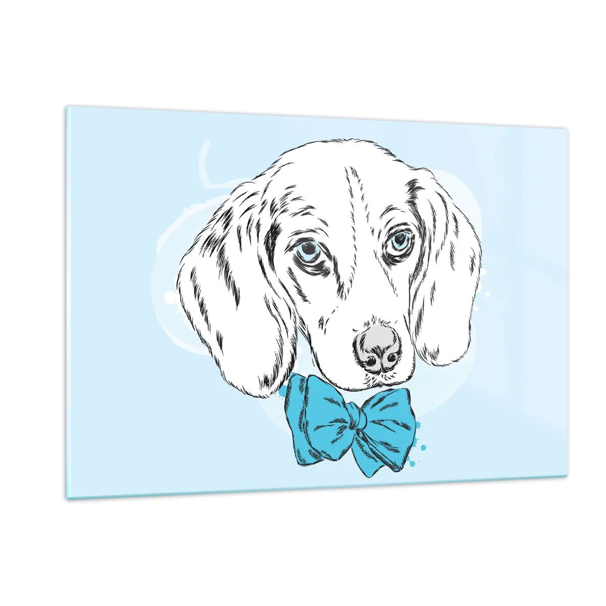 Glasbild - Bild auf glas - Zeichnung eines Hundes mit Fliege auf blauem Hintergrund - 120x80cm - Hunde-Eleganz - Moderne Wanddekoration für Wohnzimmer und Schlafzimmer ARTTOR