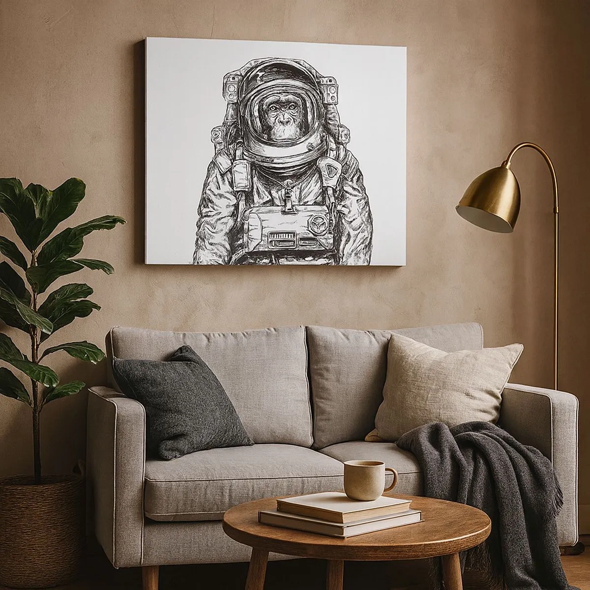 Bild auf Leinwand - Leinwandbild - Grafik eines Astronauten im Raumanzug mit Affenkopf - 70x50cm - Alternative Evolution - Moderne Wanddekoration für Wohnzimmer und Schlafzimmer ARTTOR