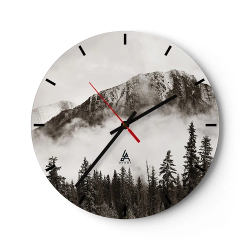 Wanduhr - Glasuhr - Berglandschaft mit Wald in nebliger Atmosphäre - 30x30cm - Lineal aus Granit - Moderne Wanddekoration für Wohnzimmer, Küche und Schlafzimmer ARTTOR
