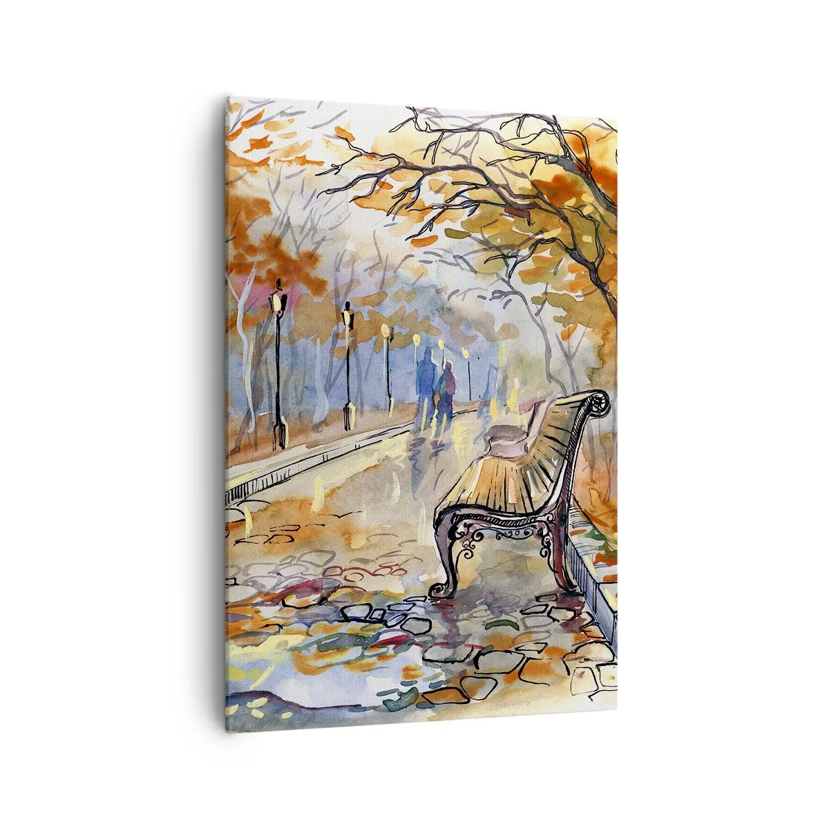 Bild auf Leinwand - Leinwandbild - Ein herbstlicher Park mit einer Bank in Aquarell - 70x100cm - Gemeinsam im Herbst wandern - Moderne Wanddekoration für Wohnzimmer und Schlafzimmer ARTTOR