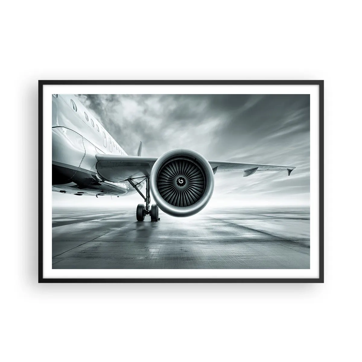 Poster in einem schwarzem Rahmen - Das Düsentriebwerk eines Flugzeugs auf dem Rollfeld - 100x70cm - Die Macht ist da! - Moderne Wanddekoration für Wohnzimmer und Schlafzimmer ARTTOR