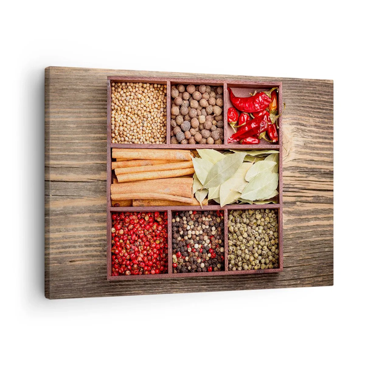Bild auf Leinwand - Leinwandbild - Holzkiste mit verschiedenen Gewürzen in Fächern - 70x50cm - Ordnung der Formen, Bouquet von Aromen - Moderne Wanddekoration für Wohnzimmer und Schlafzimmer ARTTOR