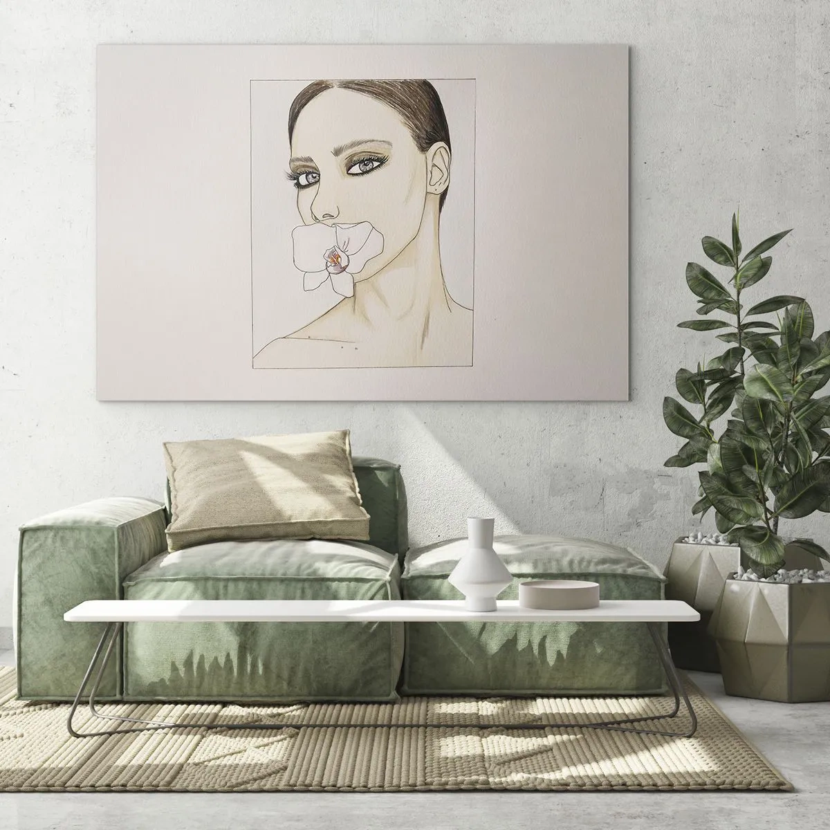 Glasbild - Bild auf glas - Porträt einer Frau mit einer Orchidee im Mund vor hellem Hintergrund - 70x50cm - Ein Symbol für Eleganz und Schönheit - Moderne Wanddekoration für Wohnzimmer und Schlafzimmer ARTTOR