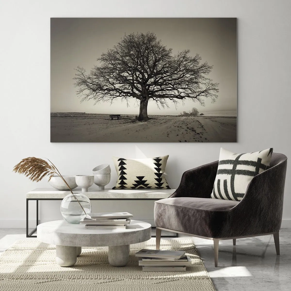 Glasbild - Bild auf glas - Ein einsamer Baum in einer monochromen Landschaft - 70x50cm - Von hier zu Ewigkeit - Moderne Wanddekoration für Wohnzimmer und Schlafzimmer ARTTOR