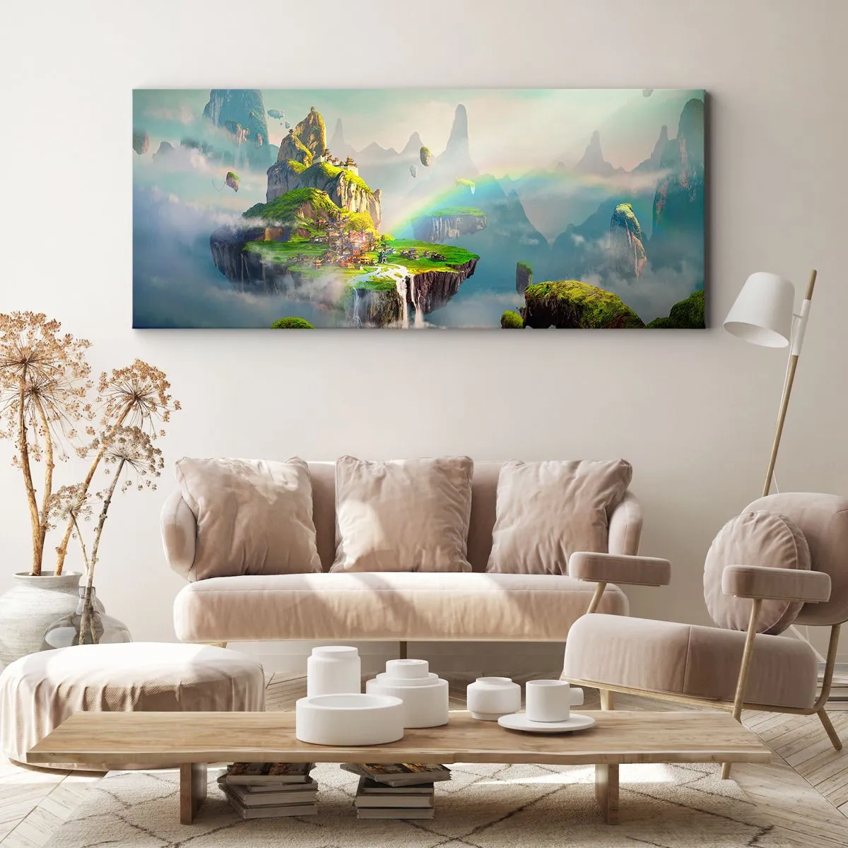 Bild auf Leinwand - Leinwandbild - Fliegende Inseln zwischen den Wolken mit einem Regenbogen am Horizont - 120x50cm - Mitten am Himmel - glückliche Inseln - Moderne Wanddekoration für Wohnzimmer und Schlafzimmer ARTTOR