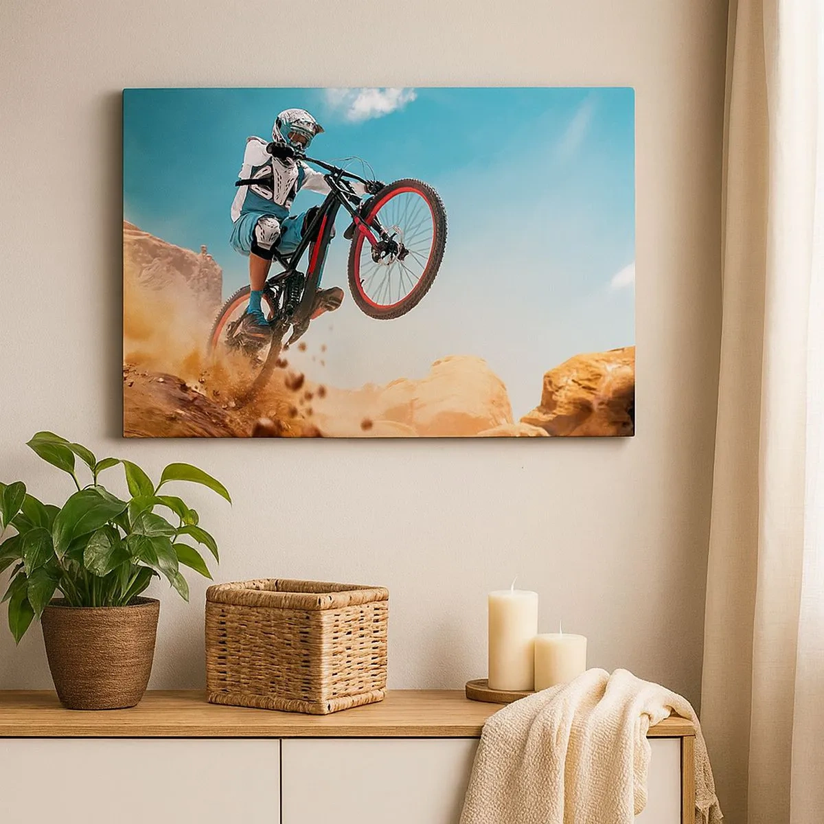 Bild auf Leinwand - Leinwandbild - Ein Mountainbiker macht einen Sprung vor einer Felskulisse - 70x50cm - Fahrrad-Wahnsinn-Dämon - Moderne Wanddekoration für Wohnzimmer und Schlafzimmer ARTTOR