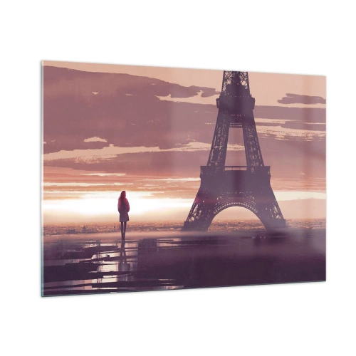 Glasbild - Bild auf glas - Der Eiffelturm bei Sonnenuntergang mit der Silhouette einer Person - 100x70cm - Nur zwei davon - Moderne Wanddekoration für Wohnzimmer und Schlafzimmer ARTTOR