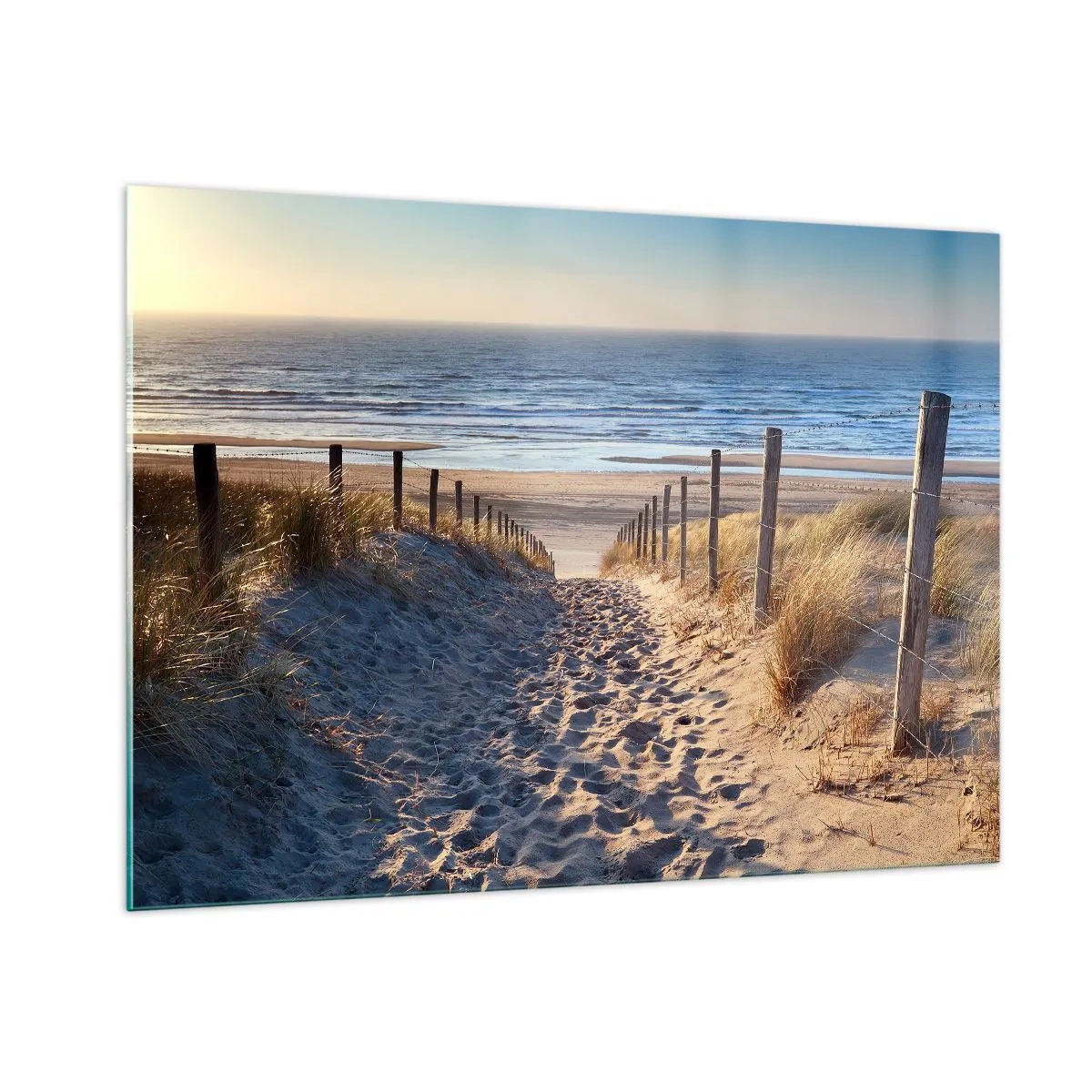 Glasbild - Bild auf glas - Ein Weg durch die Dünen, der zu einem Strand mit ruhigem Meer führt - 100x70cm - Das Rauschen des Meeres, der Gesang der Vögel, ein wilder Strand im Gras ... - Moderne Wanddekoration für Wohnzimmer und Schlafzimmer ARTTOR