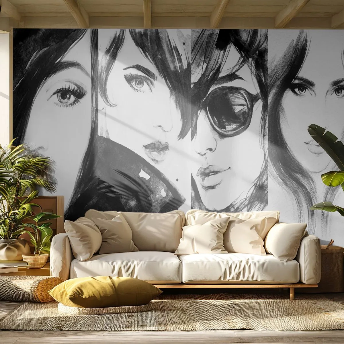 Fototapete Premium Sand - Frauenporträts im Schwarz-Weiß-Aquarellstil - 100x70cm - Schönheit multipliziert - Moderne Wanddekoration für Wohnzimmer und Schlafzimmer ARTTOR