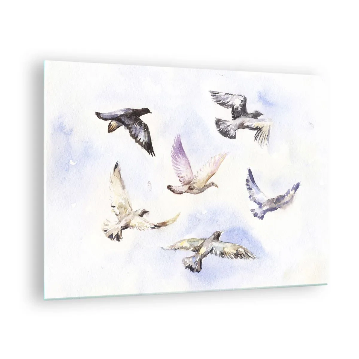 Glasbild - Bild auf glas - Vögel im Flug vor klarem Himmel - 70x50cm - Freiheit in Grau und Blau - Moderne Wanddekoration für Wohnzimmer und Schlafzimmer ARTTOR