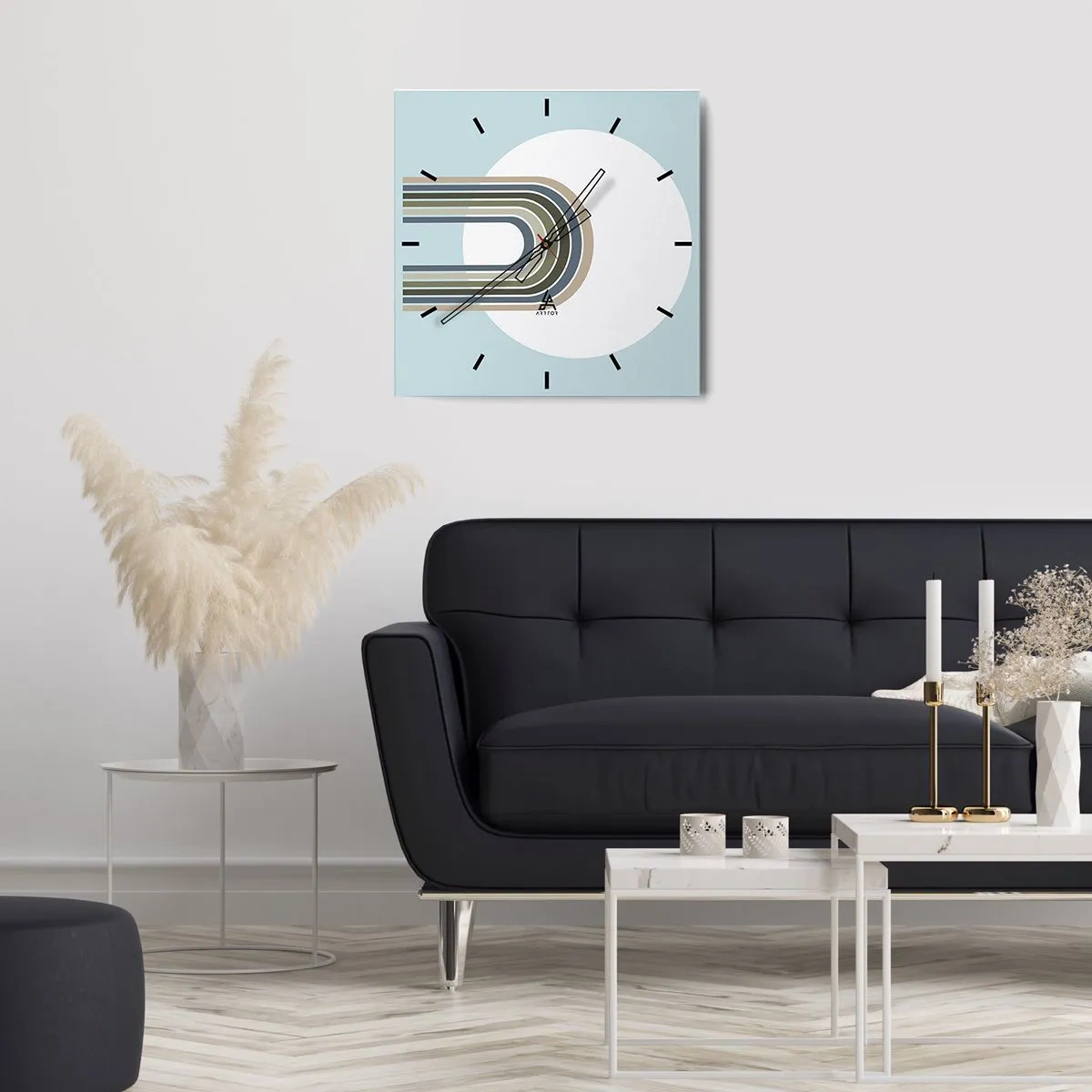 Wanduhr - Glasuhr - Eine minimalistische Komposition mit einem Kreis und Linien auf pastellfarbenem Hintergrund. - 30x30cm - Unwiderstehliche Anziehungskraft - Moderne Wanddekoration für Wohnzimmer und Schlafzimmer ARTTOR