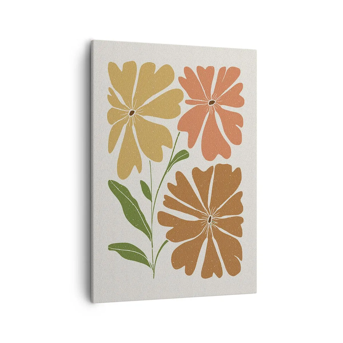 Bild auf Leinwand - Leinwandbild - Drei Blumen in warmen Farben auf hellem Hintergrund - 50x70cm - Natur und Geometrie - Moderne Wanddekoration für Wohnzimmer und Schlafzimmer ARTTOR
