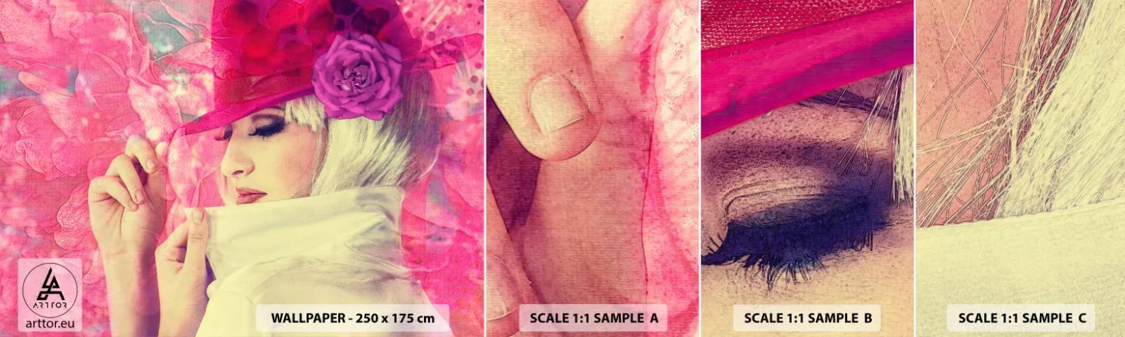 Fototapetenmuster Standard Eco - Retro-Porträt in einem rosa Nebel - Frau, In, A, Hat, Blumen, Mode - 100x30 cm