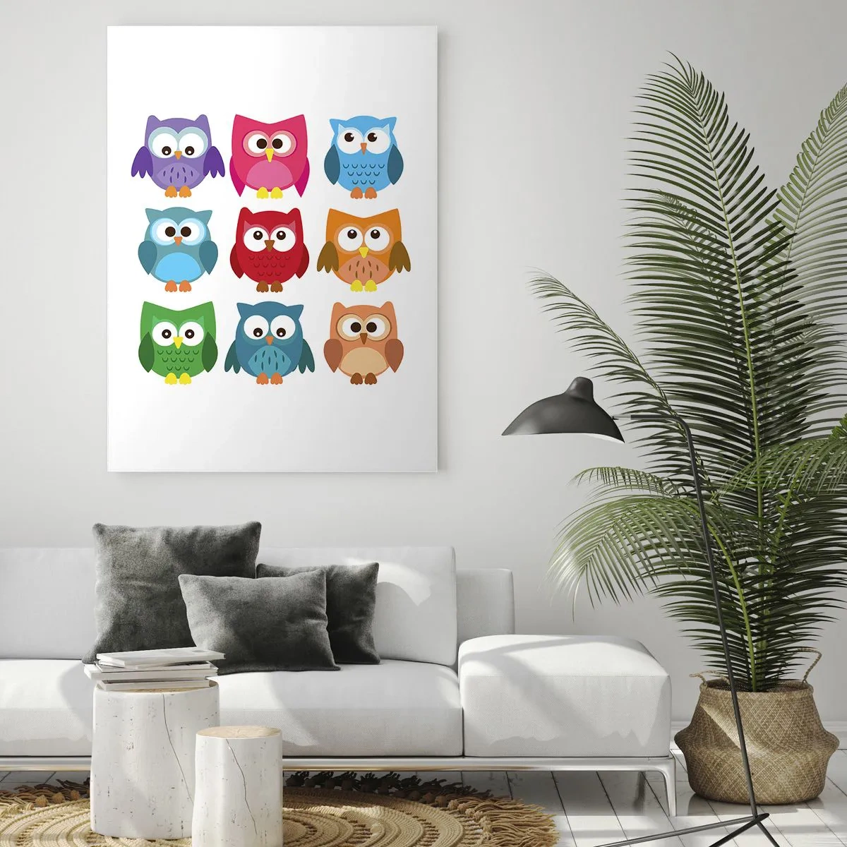 Glasbild - Bild auf glas - Bunte Eulen im Cartoon-Stil auf weißem Hintergrund - 50x70cm - Es macht Spaß, anders zu sein - Moderne Wanddekoration für Wohnzimmer und Schlafzimmer ARTTOR