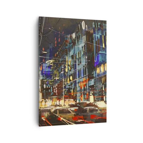 Bild auf Leinwand - Leinwandbild - Stadtnachtszene mit Neonlichtern - 70x100cm - Abendlicher Straßentrubel - Moderne Wanddekoration für Wohnzimmer und Schlafzimmer ARTTOR