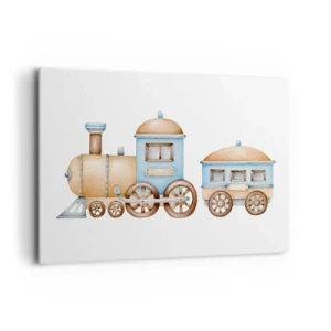 Bild auf Leinwand - Leinwandbild - Zeichnung eines Zuges in Pastelltönen auf weißem Hintergrund - 120x80cm - Am Bahnhof steht ... - Moderne Wanddekoration für Wohnzimmer und Schlafzimmer ARTTOR