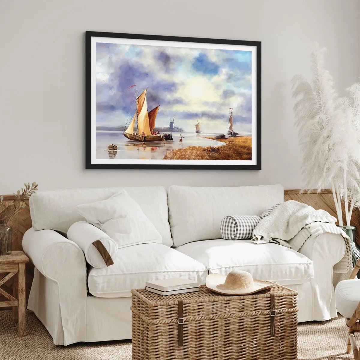 Poster in einem schwarzem Rahmen - Segelboote auf ruhigem Wasser mit Windmühlen im Hintergrund - 70x50cm - Die Rückkehr der Seeleute - Moderne Wanddekoration für Wohnzimmer und Schlafzimmer ARTTOR