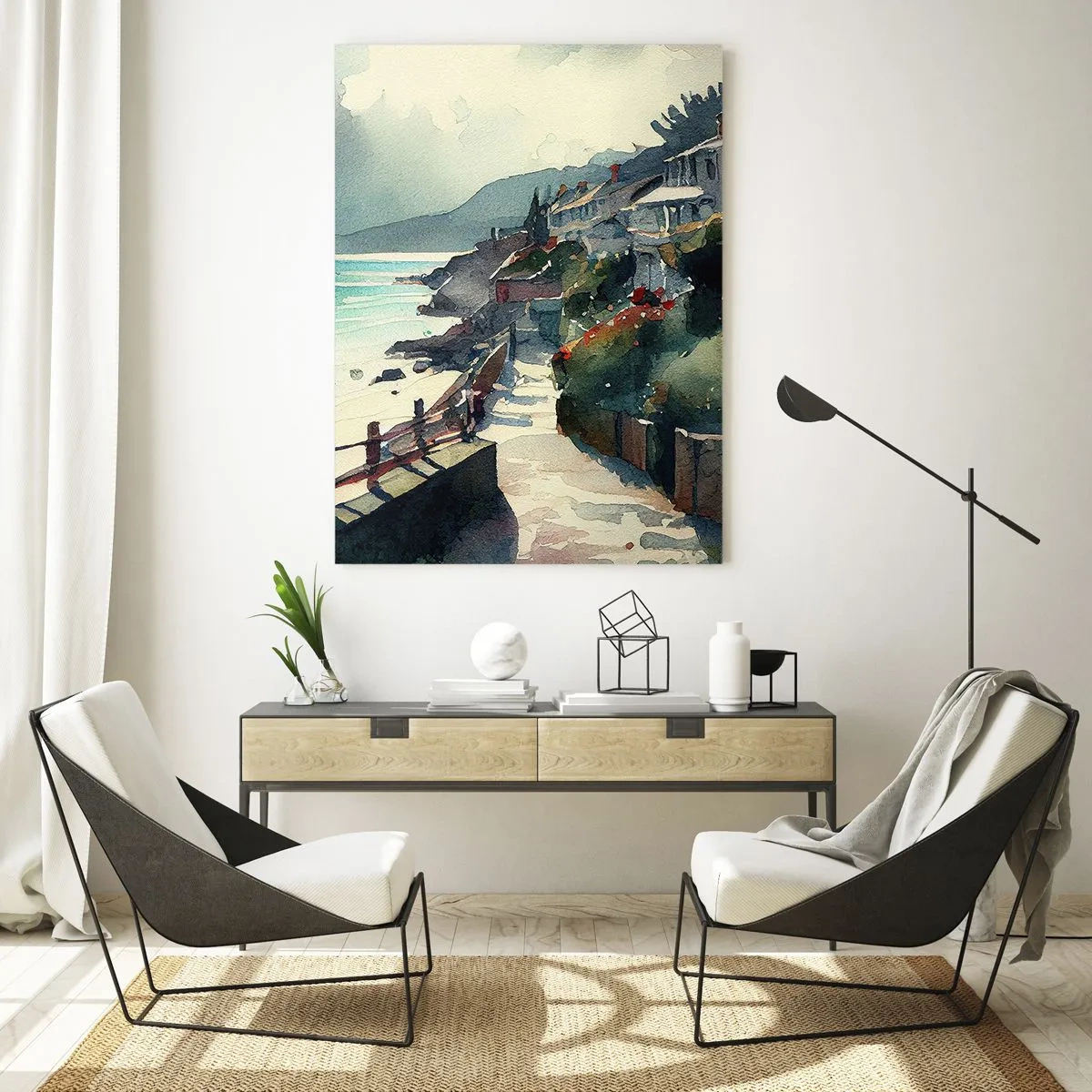 Glasbild - Bild auf glas - Eine Strandpromenade mit bunten Häusern und Wasser - 50x70cm - Mittelmeerstadt - Moderne Wanddekoration für Wohnzimmer und Schlafzimmer ARTTOR