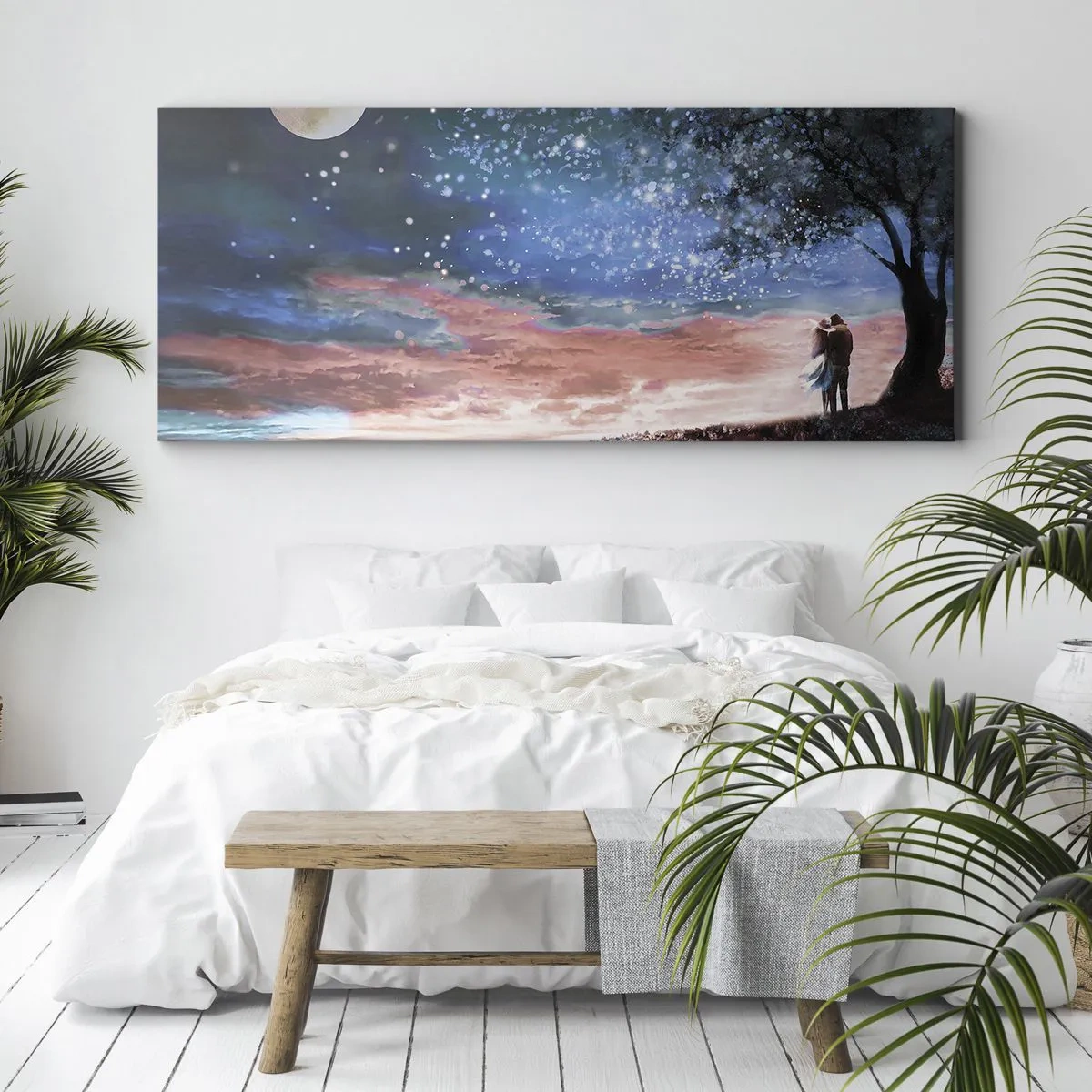 Bild auf Leinwand - Leinwandbild - Romantische Paarszene unter Vollmond - 160x50cm - Ein sternenklares Spektakel - Moderne Wanddekoration für Wohnzimmer und Schlafzimmer ARTTOR