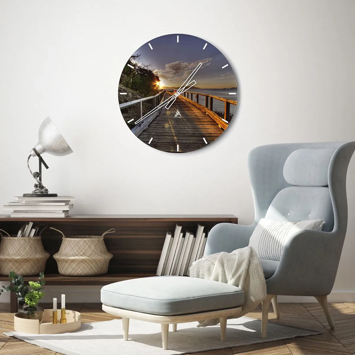 Wanduhr - Glasuhr - Ein Steg über dem Wasser bei Sonnenuntergang - 30x30cm - Gehen, weiter der Sonne entgegengehen - Moderne Wanddekoration für Wohnzimmer, Küche und Schlafzimmer ARTTOR